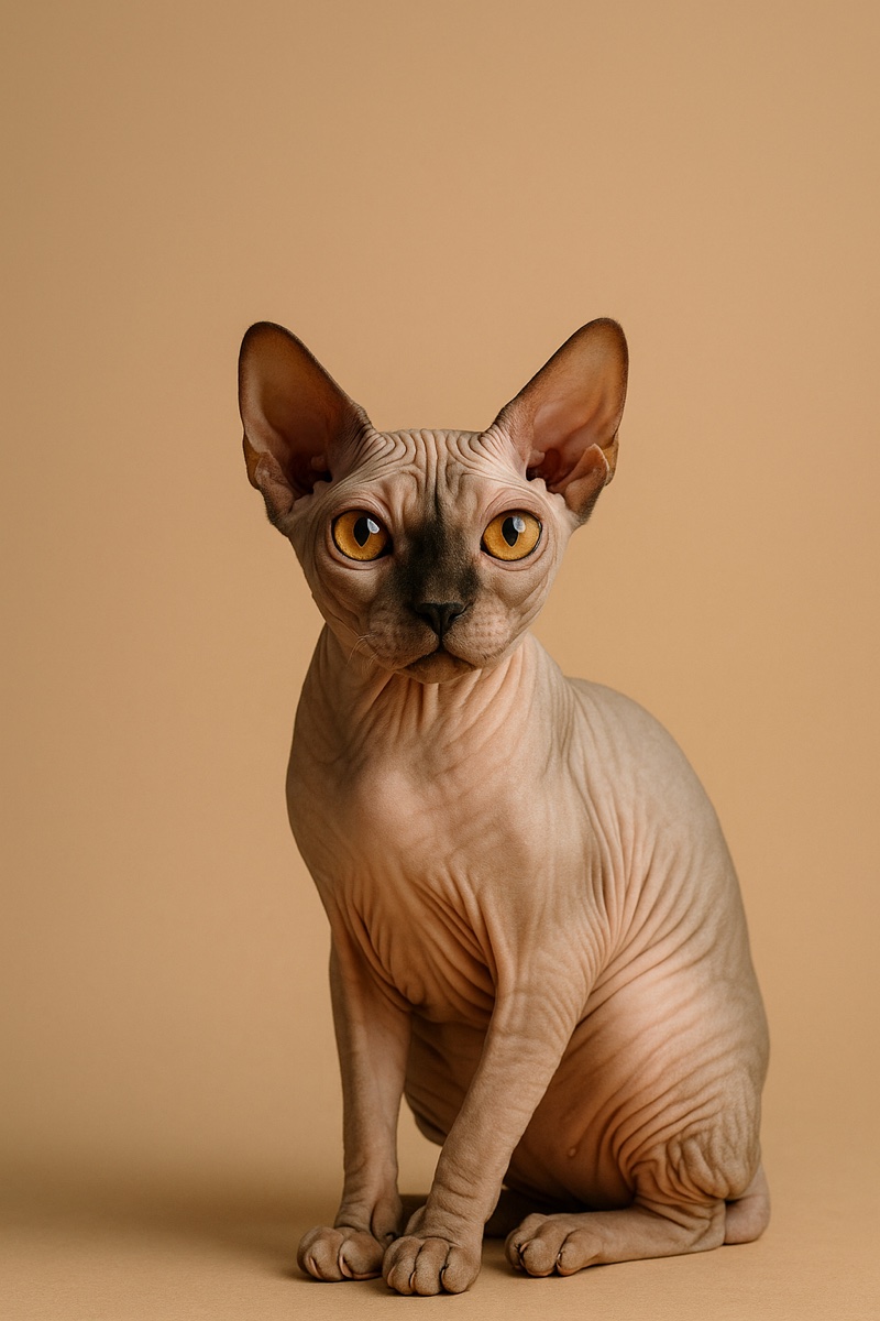 A Sphynx cat — the hairless breed — sitting and looking at the camera with large amber eyes
